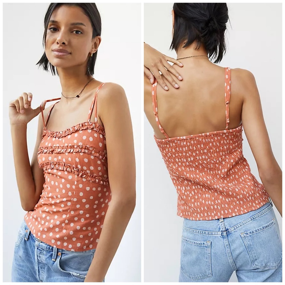 NWT Anthropologie Bl^nk London Polka Dot Orange Ruffle Tank